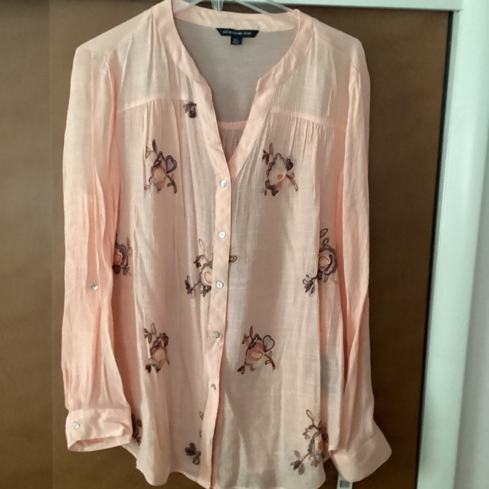 Zac & Rachel Peach Button Front V-neck Adjustable Sleeve Shirt Blouse Size PXL